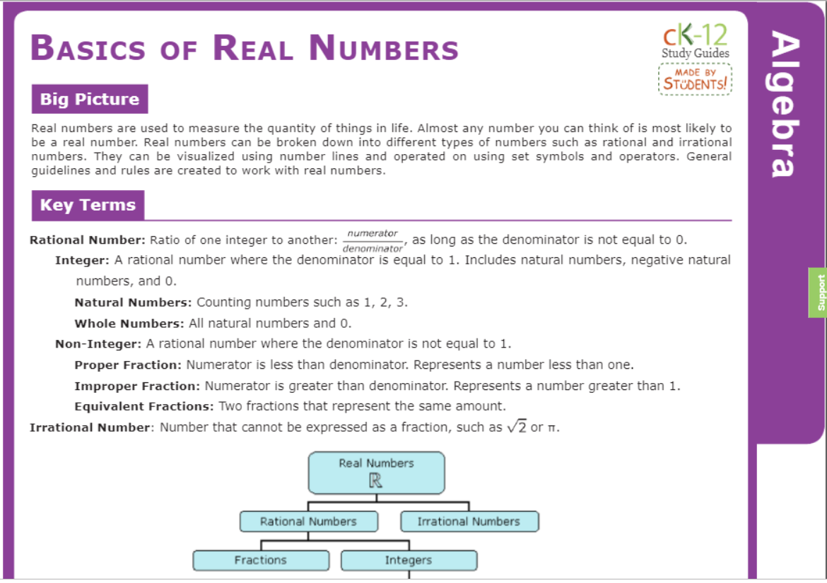 Basics of Real Numbers Algebra Study Guide. In the study guide there are shown two sections: Big Picture and Key Terms.
