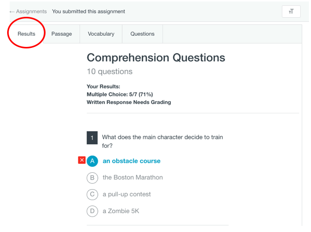 Results. Shows student comprehension question results. The results tab is highlighted.