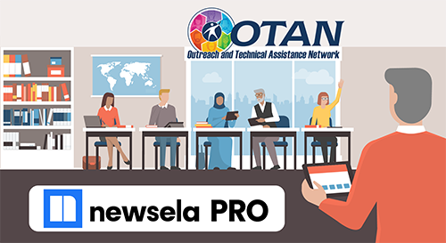 Illustration of people in class with instructor using a tablet. Newsela Pro and OTAN logo