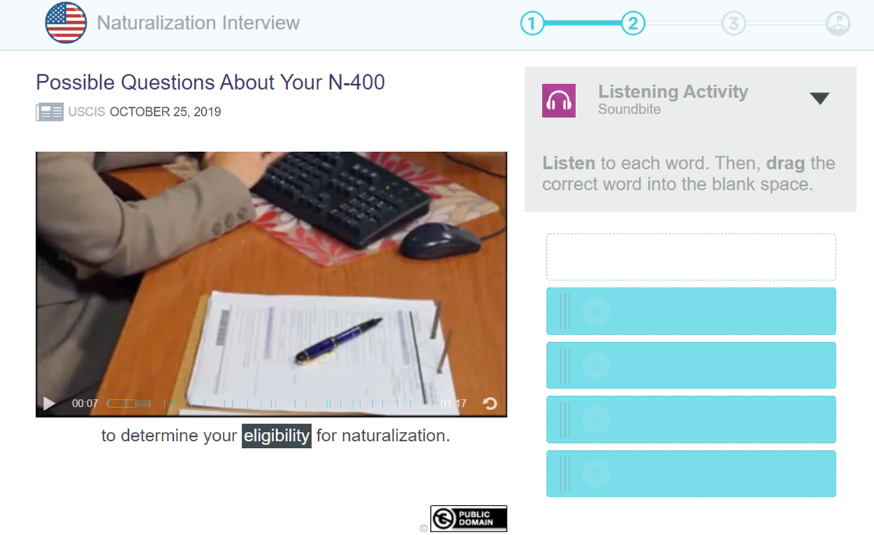 Screenshot: Example of a Voxy EnGen Citizenship listening activity