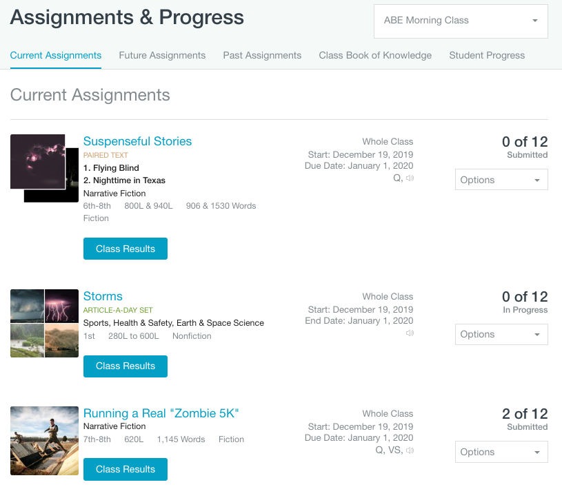 Assignments & Progress. Shows a list of current assignments and the number submitted. There is a blue Class Results button under each assignment.