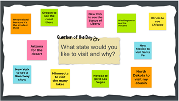 Question of the Day in center of frame with What state would you like to visit and why? Multiple sticky notes with responses like Oregon to see the coast there, New Mexico to visit Santa Fe, and Minnesota to visit the many lakes.