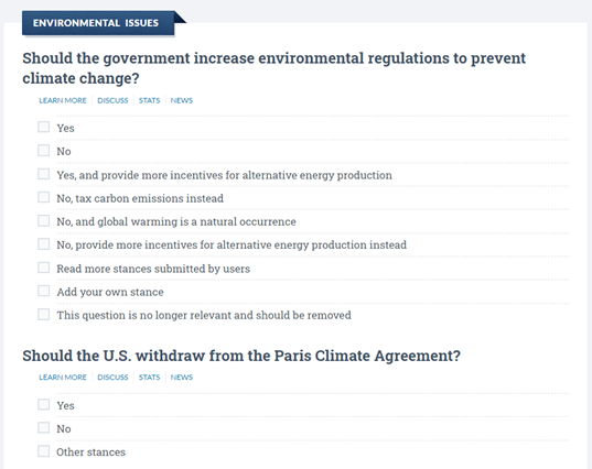 ISideWith screenshot of a quiz question about environmental issues and two questions: Should the government increase environmental regulations to present climate change? and Should the U.S. withdraw from the Paris Climate Agreement?