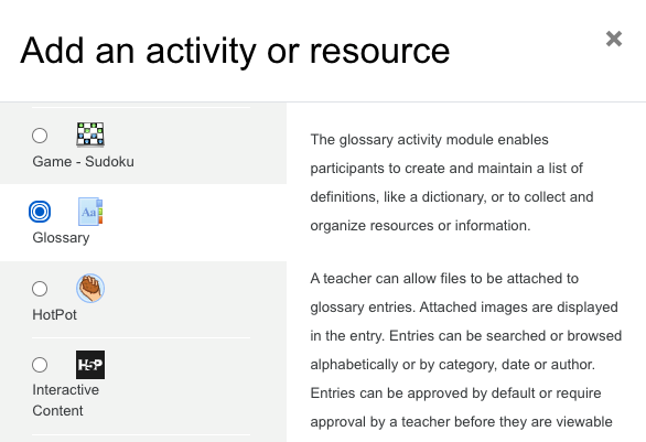 Add an activity - Shows the list of activities and Glossary is selected.