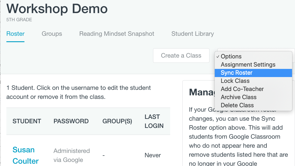 Import from Google Classroom. Under Class Roster, the option drop down is shown and Sync Roster is selectyed.
