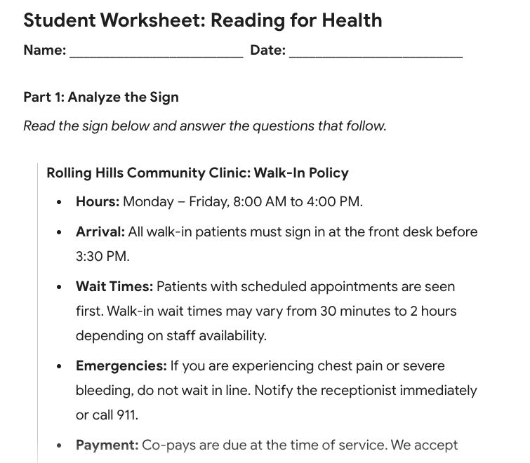 Student Worksheet screenshot