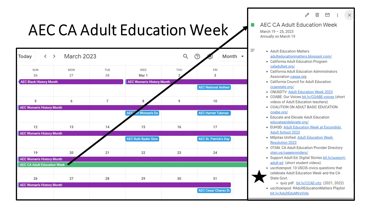 March 2023 Calendar highlighting AEC CA Adult Educaton Week