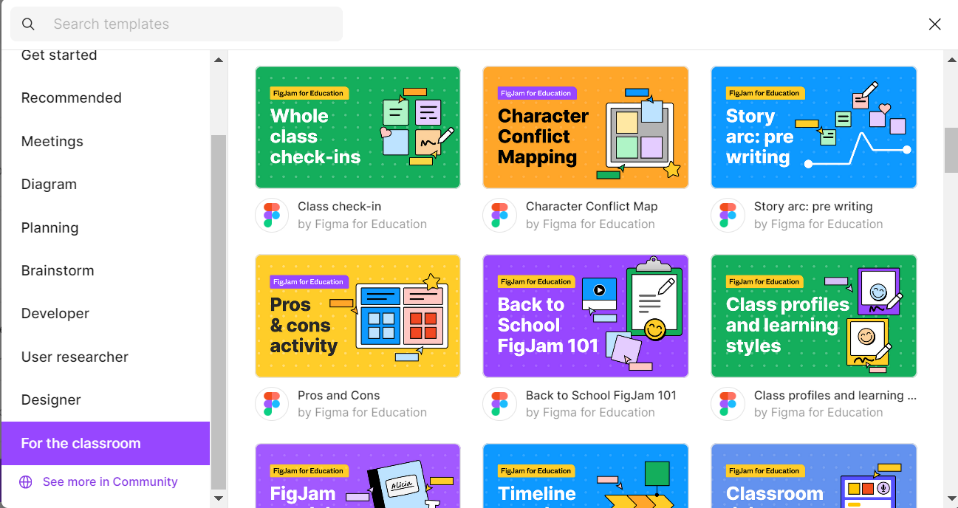 Templates listed in the For the Classroom section; includes whole class check-ins, pros and cons activity and others