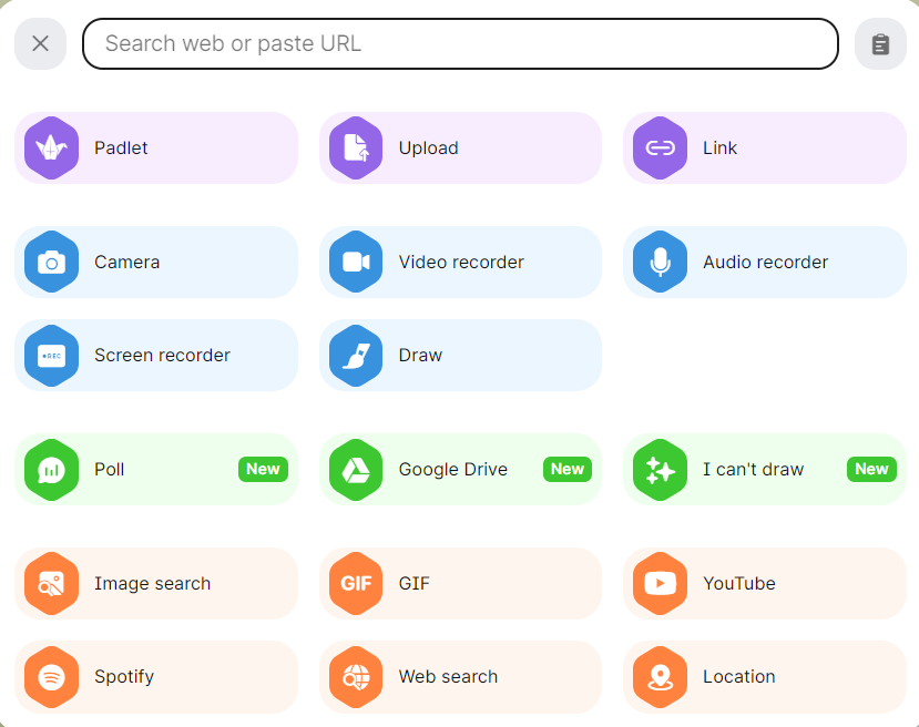 All the Padlet options of things to upload or insert into a post. Includes Padlet, Upload, Link, Camera, Video recorder, Audio recorder, Screen recorder, Draw, Poll, Google Drive, I can't draw, Image search, GIF, YouTube, Spotify, Web search, and Location