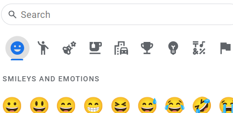 emoji search box, category icons, and some smiley face options below