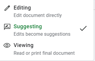 editing menu options; Editing, Suggesting, and Viewing