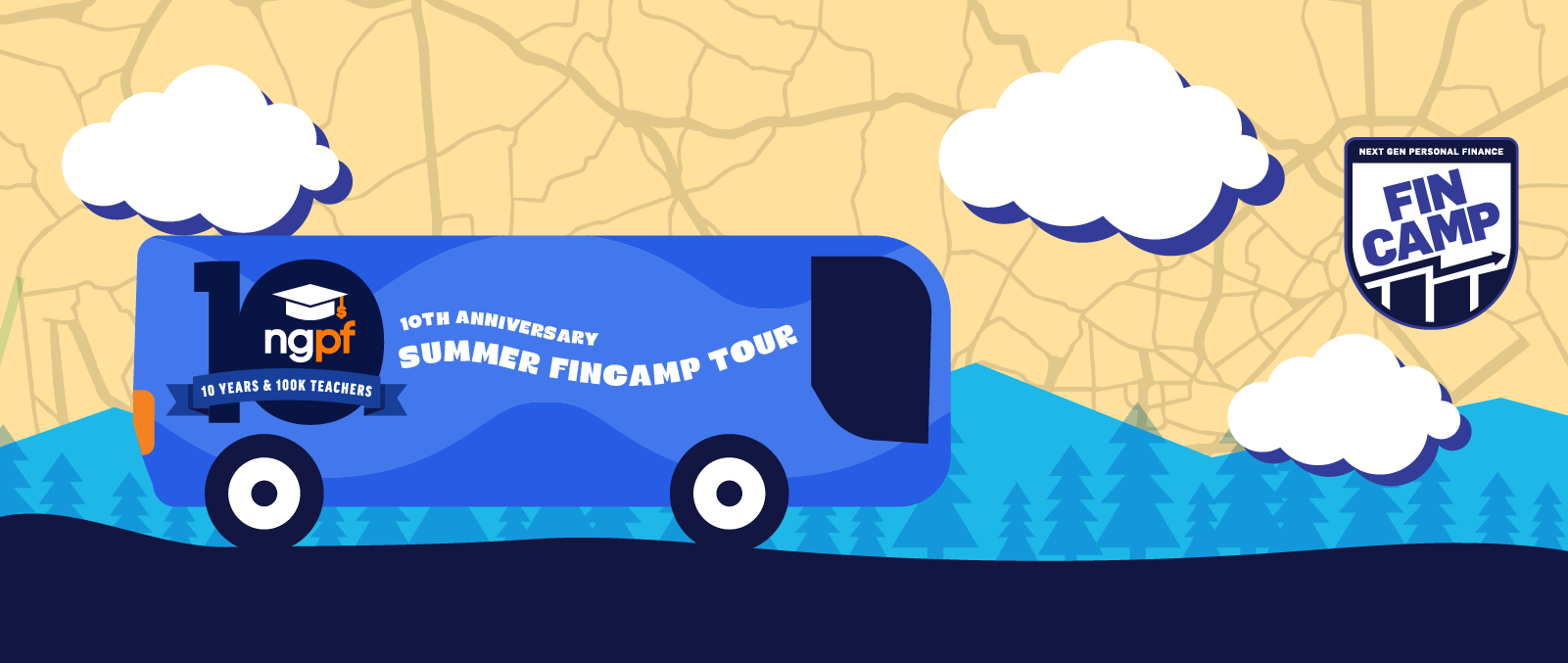 Illustration of a blue bus with "NGPF 10th Anniversary Summer FinCamp Tour" on its side, driving through a landscape with mountains, clouds, and a FinCamp shield logo in the top right corner.