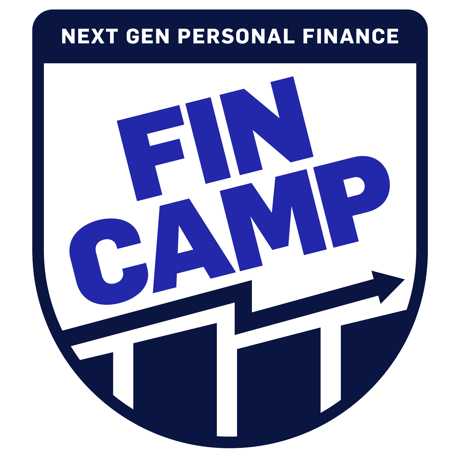 Shield-shaped logo with "NEXT GEN PERSONAL FINANCE" at top and "FIN CAMP" in large blue letters, with an upward arrow graphic at the bottom.