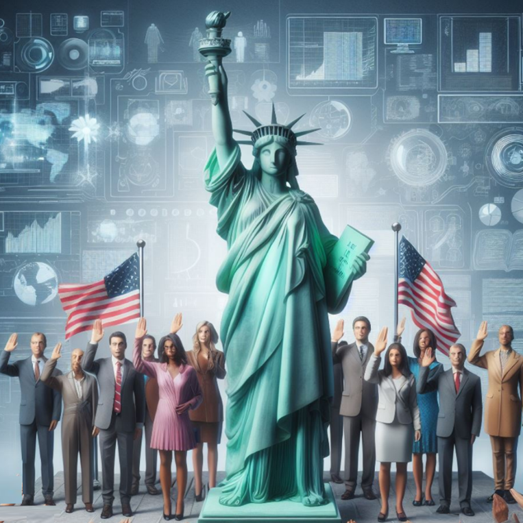 Cyber Statue of Liberty standing with diverse people taking the Oath of Allegiance