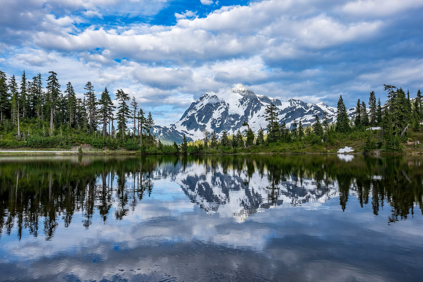 mountains lake and pine trees