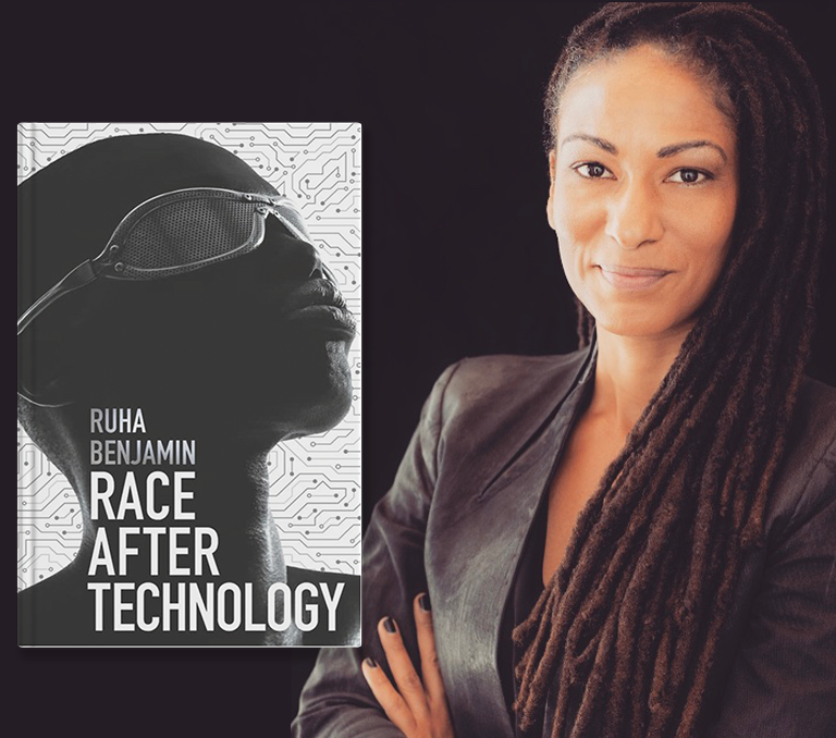 Woman standing next to book titled Race After Technology