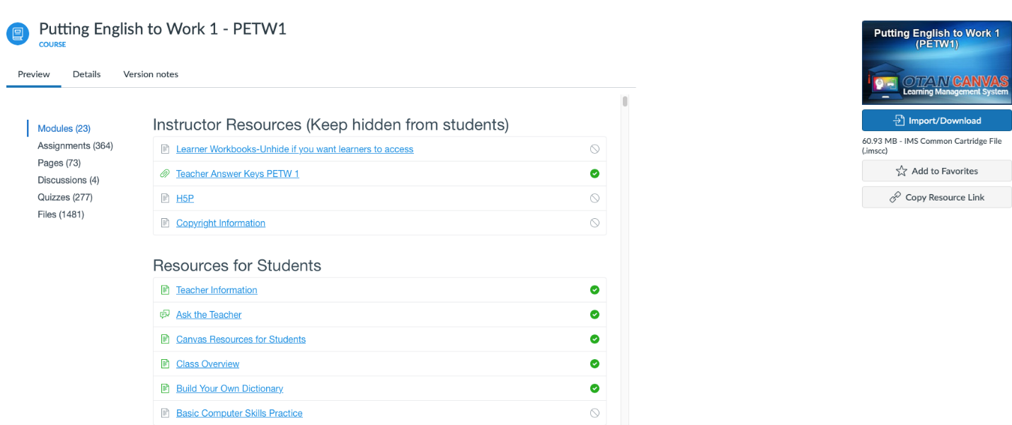 Putting English to Work Screenshot of the lesson modules