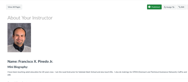 About Your instructor bio page screenshot