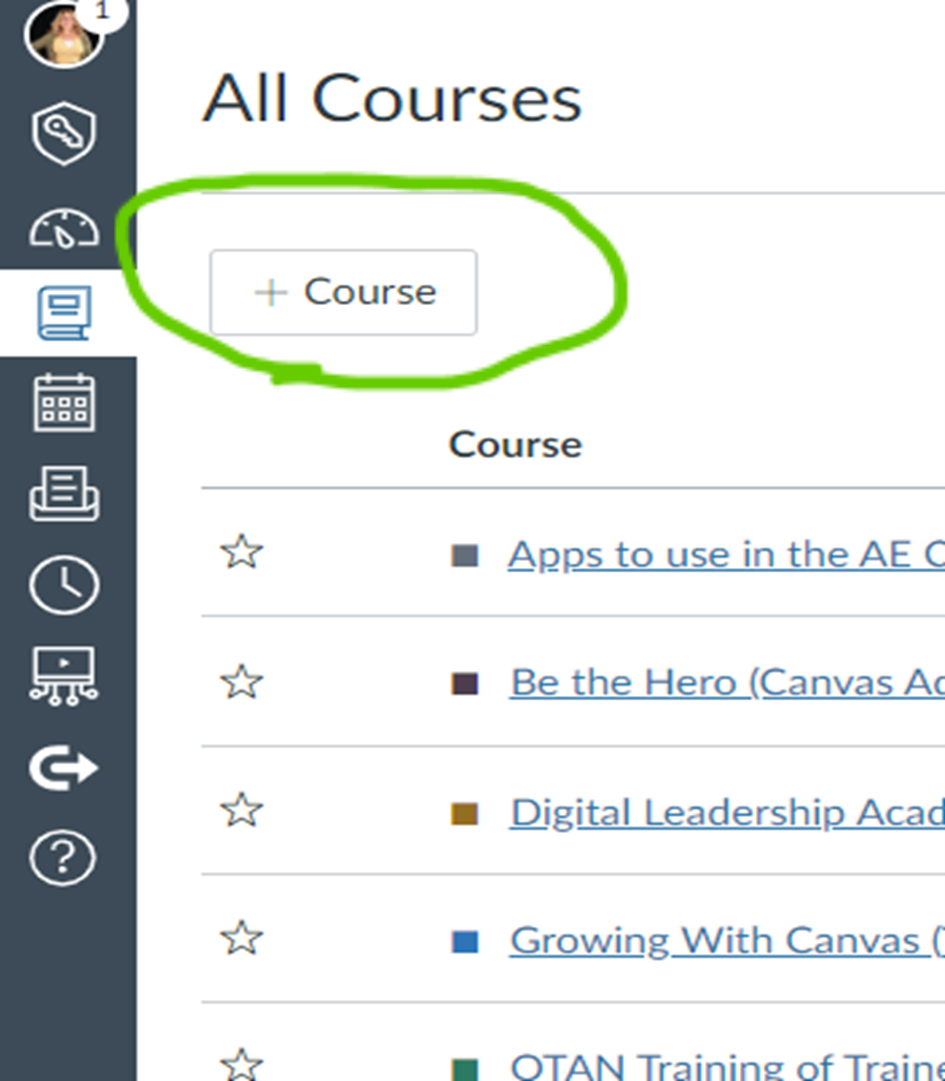 Screenshot of All Courses with +Course button circled.