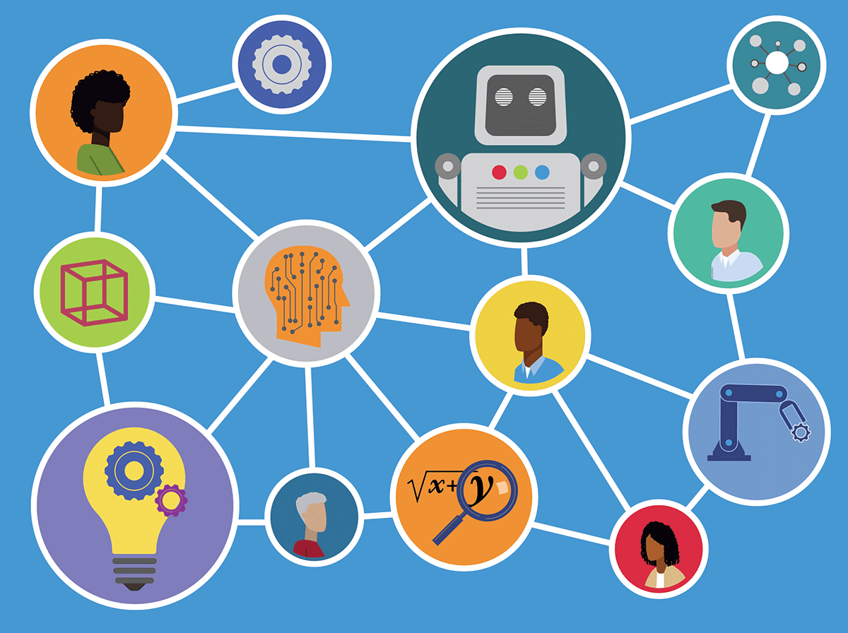 Graphic image of symbols representing people, technology, and education interconnected with a web.