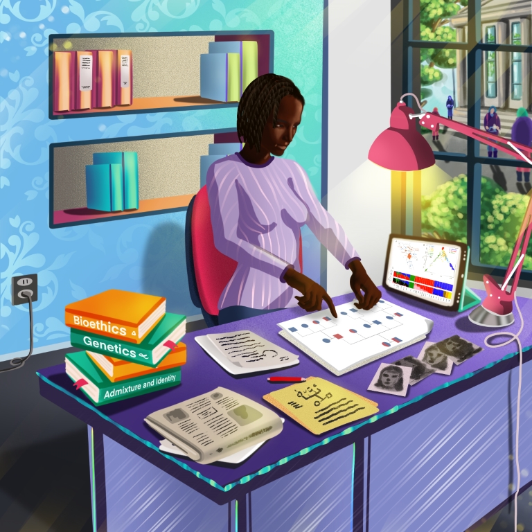 Illustration of African-American woman looking through lab documents