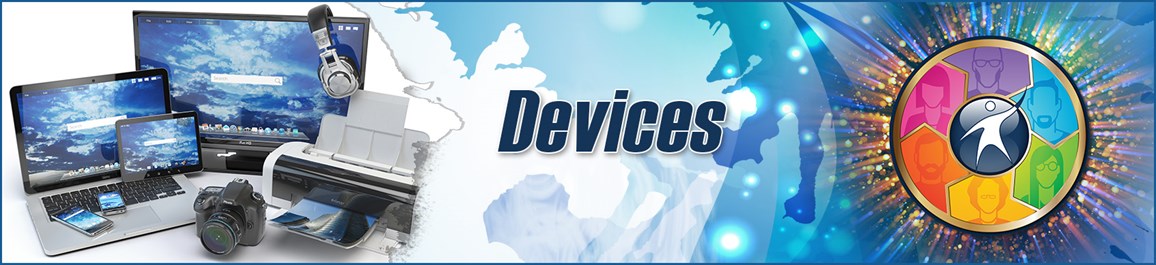 Using devices banner - Graphic composite with OTAN logo and computer, laptop, smartphone, tablet, printer and camera