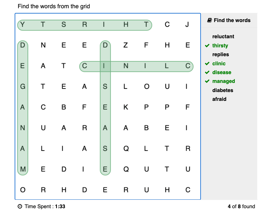 Find the Word - Shows a word search with eight words listed in the right side. Four words are highlighted in green on the grid and four corresponding words are checked in the word list.