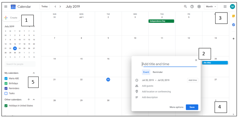 Google Calendar with 1) beside the Create + button, 2) beside the date, 3) shows a direct link to Google Keep, 4) is a small arrow at the bottom that opens the side panel and 5) is a listing of all your calendars.