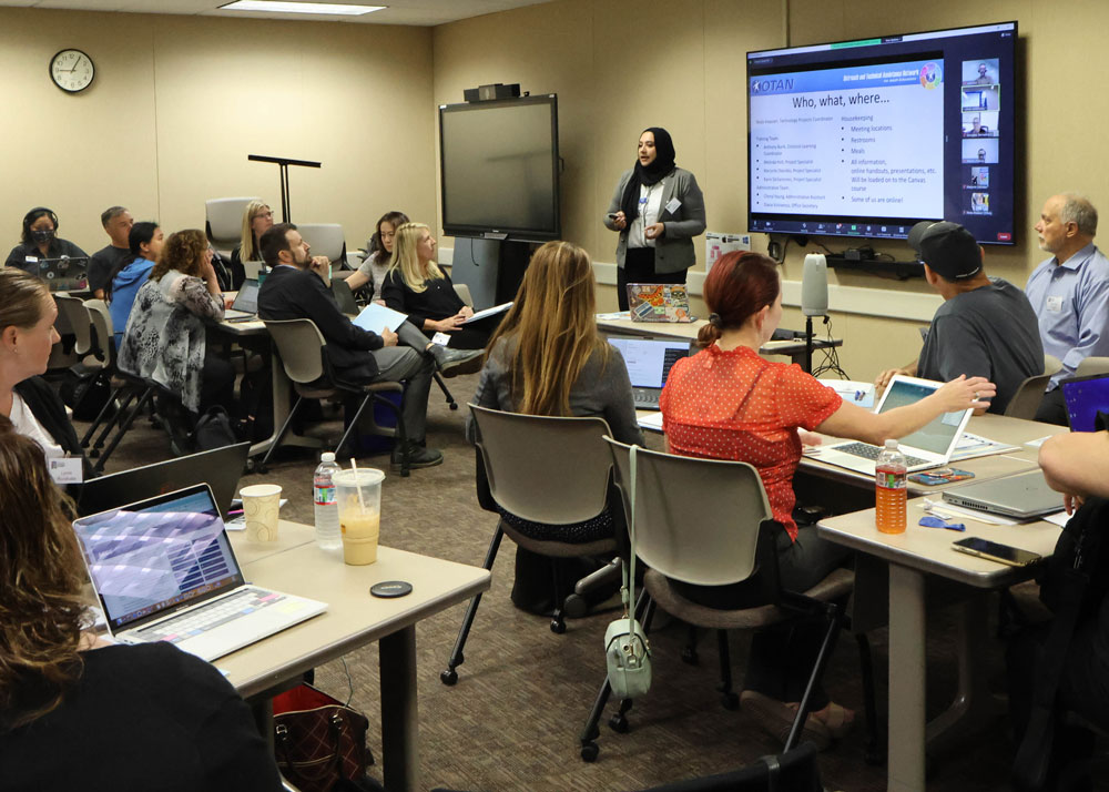 OTAN's Neda Anasseri addressing the DLAC teams in a classroom like setting.