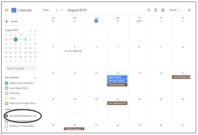 image of student Google Calendar with the name of student calendar circled.