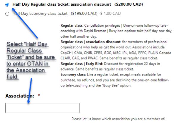 Screenshot of registration page with arrows pointing to Half Day Regular class ticket: association discount option and Association box