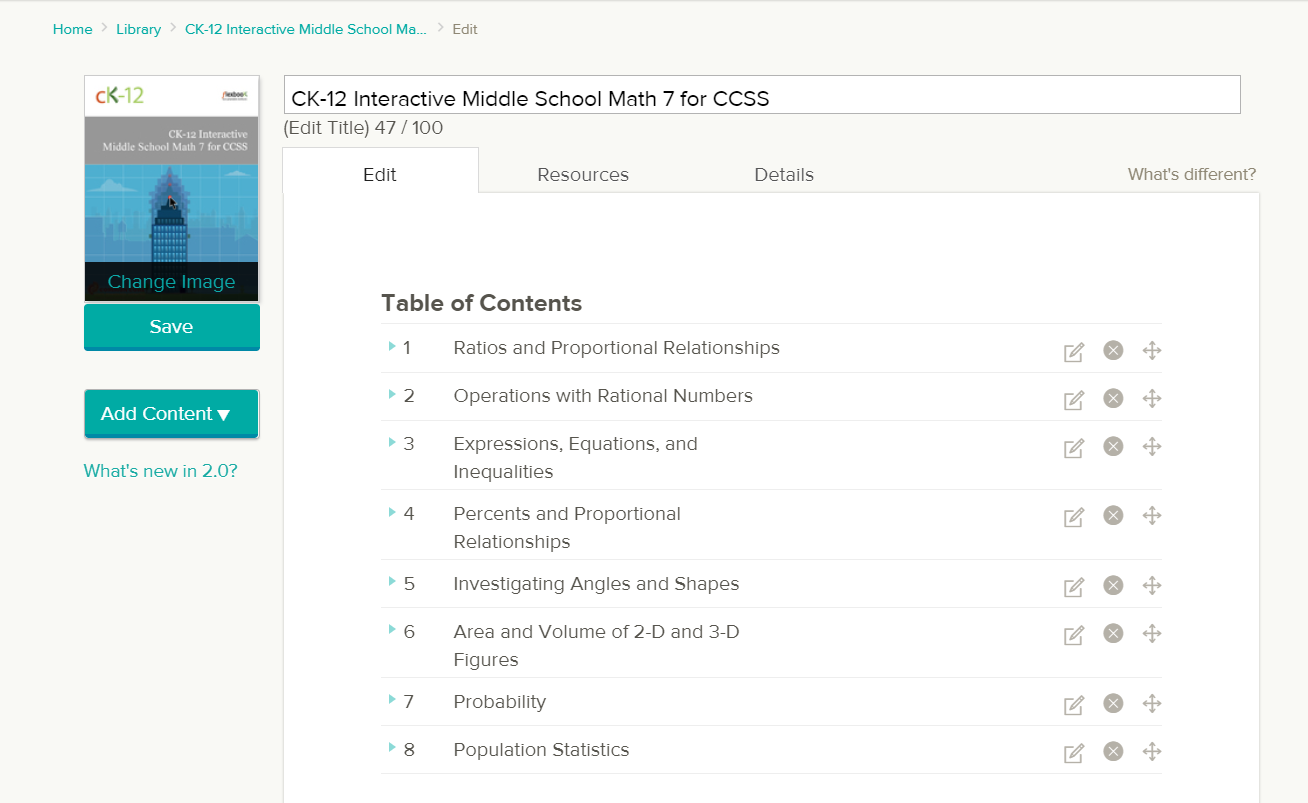 Screenshot of Flexbook CK-12 Interactive Middle School Math 7 for CCSS. The Table of Contents includes Rations and Proportional Relationships, Operations with Rational Numbers, Expressions, Equations, and Inequalities, Percents and Proportonal Relationships, Investingating Angles and Shapes, Area and Volume, Probability, Population Statistics. To the right of each title iarethe edit, delete and move icons.