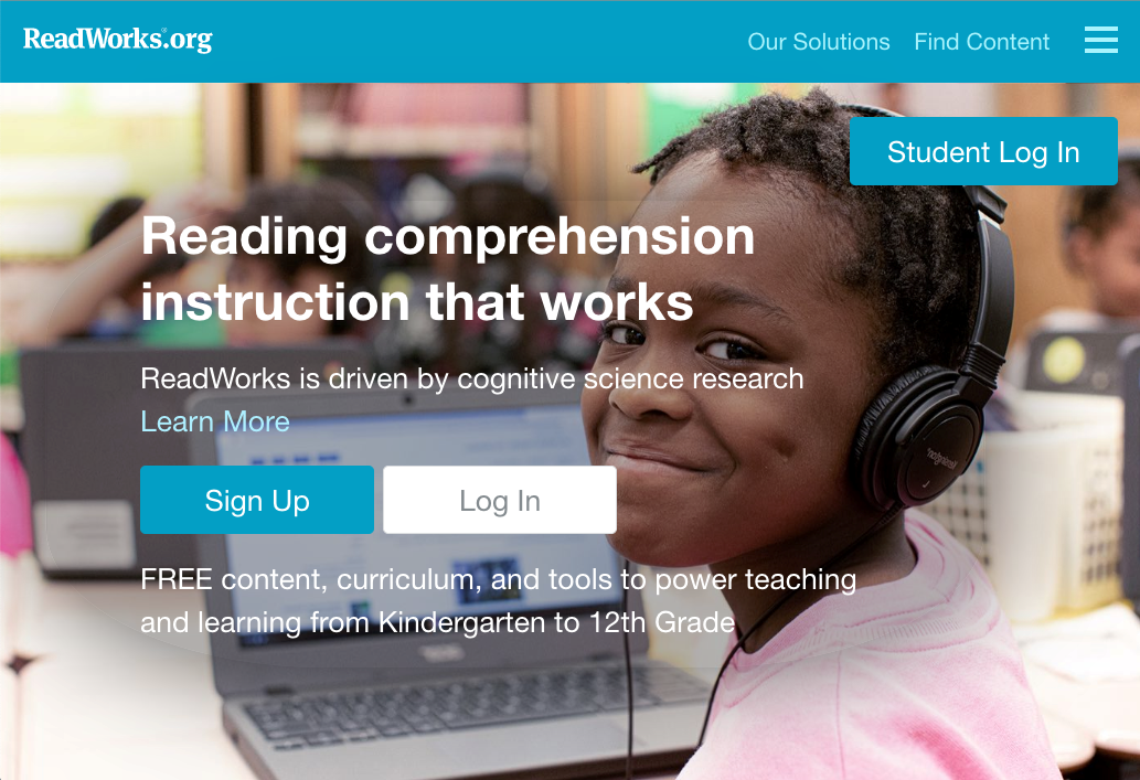 ReadWorks.org Homepage showing links to Sign Up, Log in, and Student Log In.