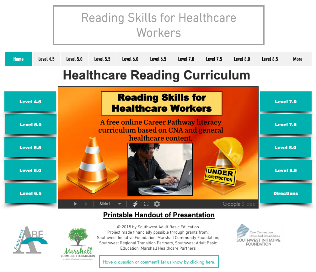 Homepage of Healthcare Reading Curriculum showing tabs for Levels 4.5 to 8.5
