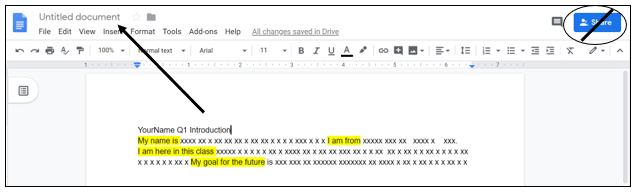 Google Doc with arrow from title in text pointing to Untitled document. The Share button has a line through it.