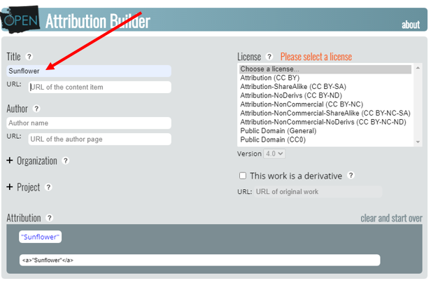 Screenshot of Open Attribution Builder: Title