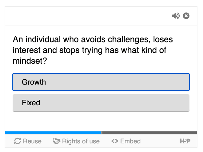 Hotspot popup - shows the question; An individual who avoids challenges, loses interest and stops trying has what kind of mindset? Possible answers are Growth and Fixed.