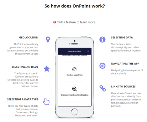 screenshot from the website Vote Smart that shows a cell phone and the features of the app for the site, OnPoint