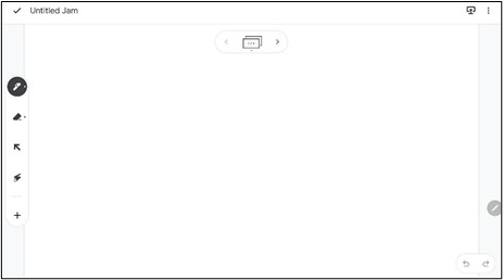 Screenshot of new Jamboard from mobile app. Toolbar items are checkmark, Untitled Jam, frame number, open on smart Jamboard icon, three-dot menu, pen tool, eraser, select, laser, insert button, undo/redo arrows, and pencil icon to edit.