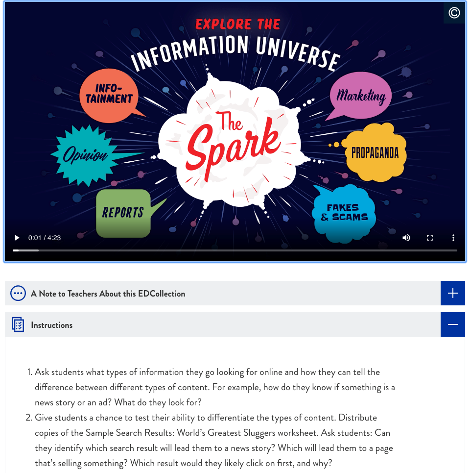 Title: Lesson Plan - Description: Shows a video presentation called The Spark and Instructions.