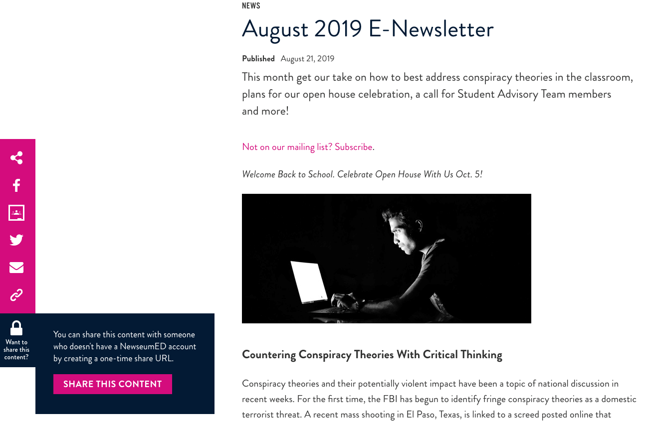 Title: E-Newsletter - Description: Shows the August 2019 E-Newsletter and the floating share bar.