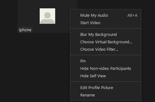 Renaming Zoom: Participants Screenshot of a Zoom participant thumbnail with the name if iPhone and a menu of options for Zoom functions. Rename is the last option.