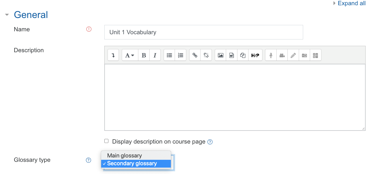 Glossary setup - shows the general settings for glossary. Under glossary type, secondary glossary is selected.