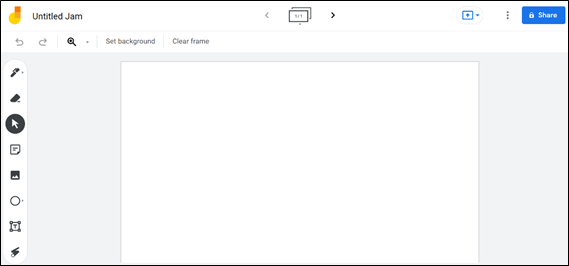 Visual of a new jam. Untitled Jam is in top left; top taskbar includes magnifier tool, set background, clear frame, frame number, presentation button, three-dot menu, and share button. Left vertical tools are pen, eraser, select, sticky note, add image, shapes, textbox, and laser. In center is blank frame.