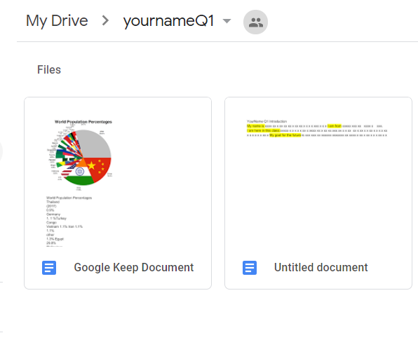 My Drive folder yournameQ1 shows two files in it.