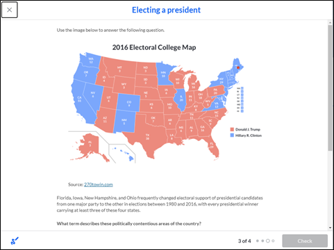 Electing a president screenshot from Khan Academy showing the 2016 Electoral College Map