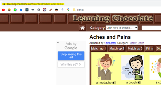 Image of the Learning Chocolate topic Aches and Pains with the URL in the address bar highlighted.