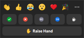 Reactions Toolbar: Screenshot of the toolbar when the Reactions button is selected. Includes emojis, feedback buttons, and Raise Hand.