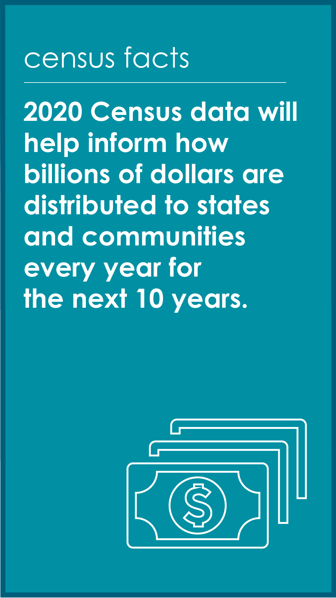 2020 Census Fact - 2020 Census data will help inform how billions of dollars are distributed to states and communities every year for the next 10 years.
