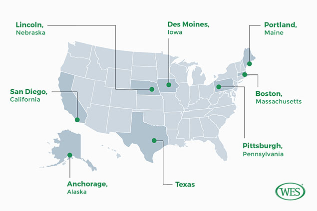 Map showing 8 locations for Skilled Immigrant Integration Project. Lincoln, Nebraska; Des Moines, Iowa; Portland, Maine; Boston, Massachusetts; Pittsburgh, Pennsylvania; Texas; Anchorage, Alaska; San Diego, California